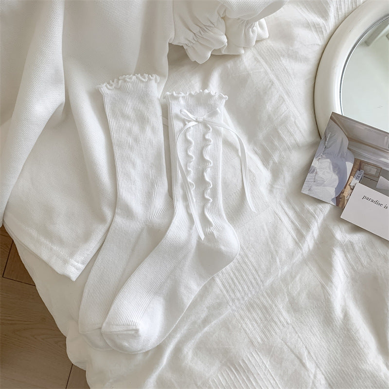 Girly Style Side Wooden Ear Bow Ribbon Female Middle Tube Socks