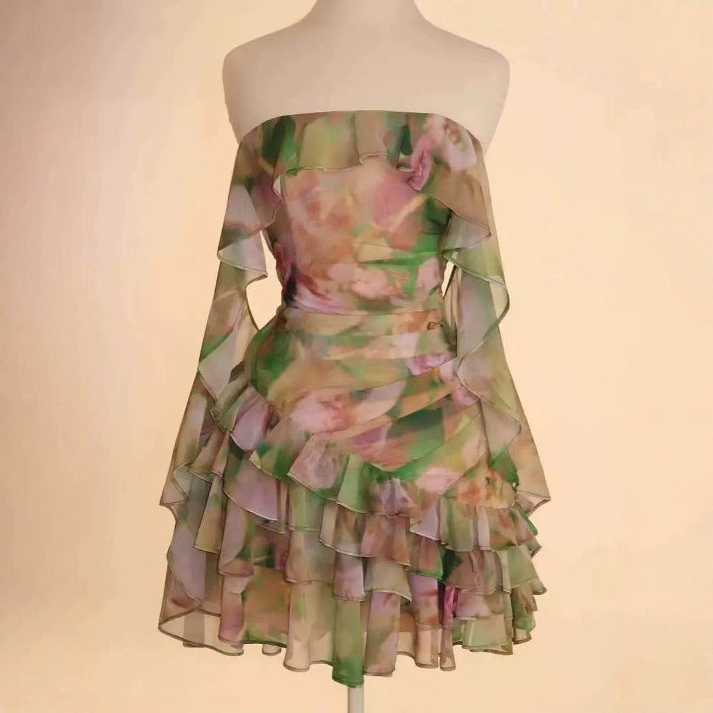 Chiffon Printed Ruffles Tube Dress