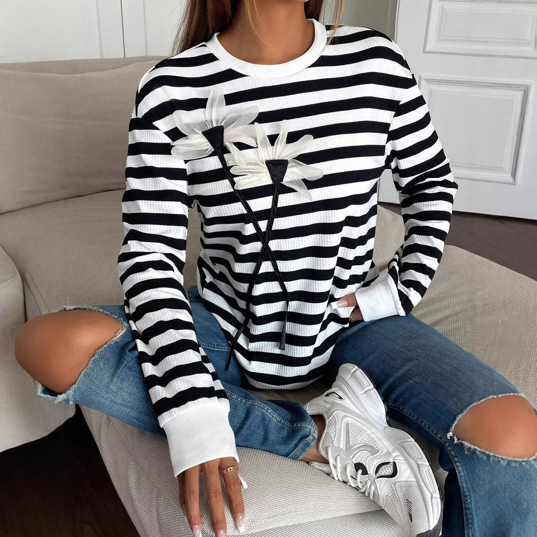 Long Sleeve Crew Neck Striped Floral Sweatshirt