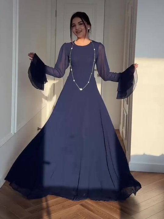 Navy Blue Trumpet Sleeve Tie Maxi Dress