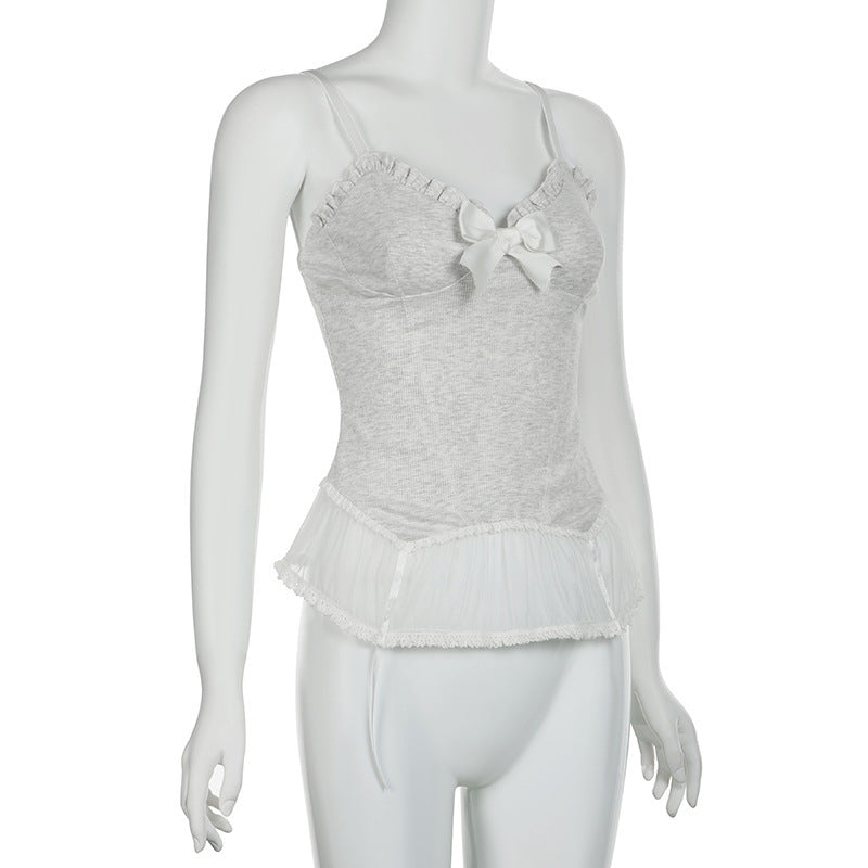 Girl Slim Fit Waist-tight Pure Mesh Vest Pure Desire Wind Sexy Low-cut V-neck Pleated Lace Bow Suspenders