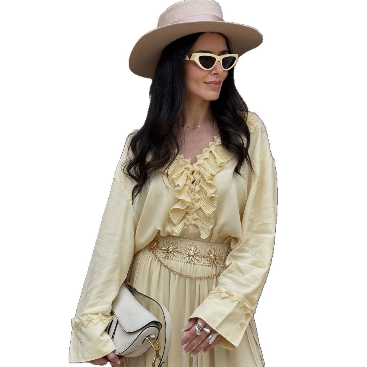 Pleated Lace Collar Top Court Long Sleeve