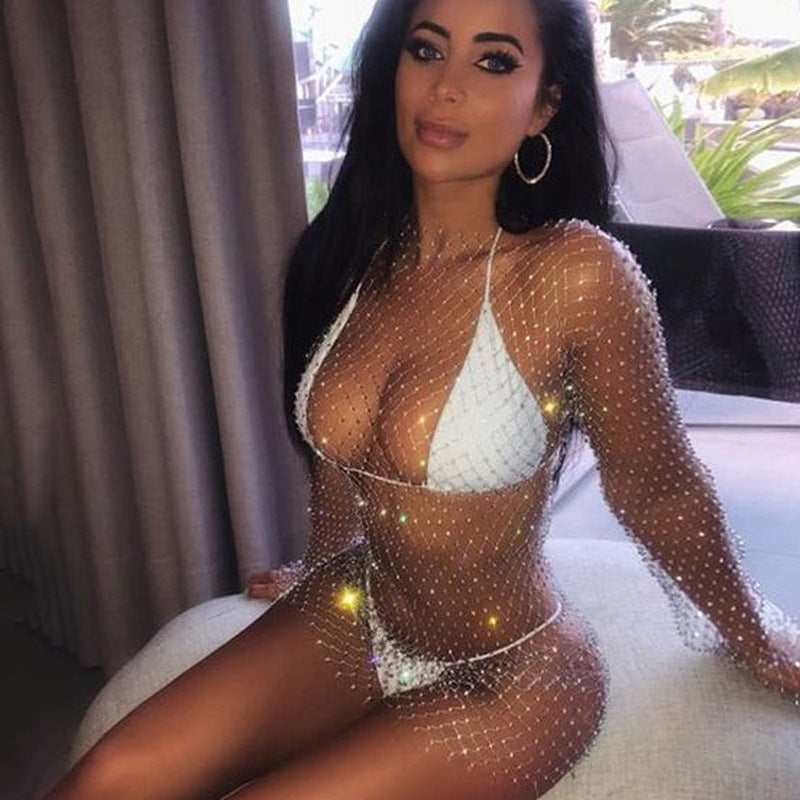 Women Rhinestone Cutout Mesh Top Blouse