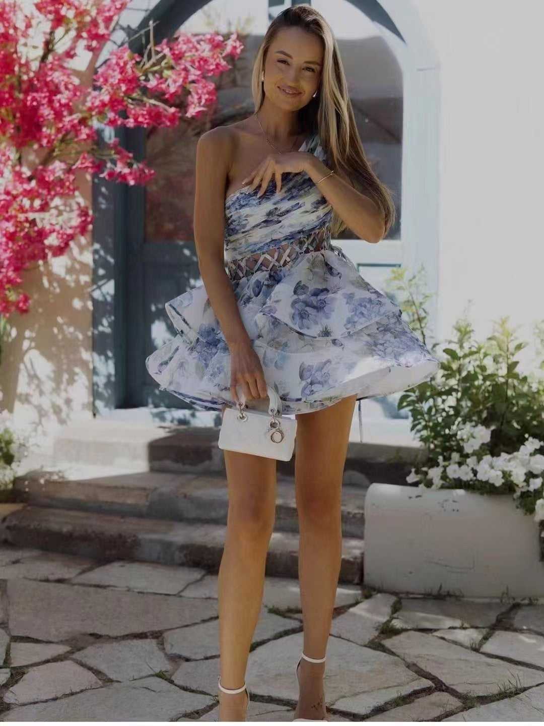 Vacation Style One-shoulder Pleated Lace-up Cutout Printed Puffy Cake Dress