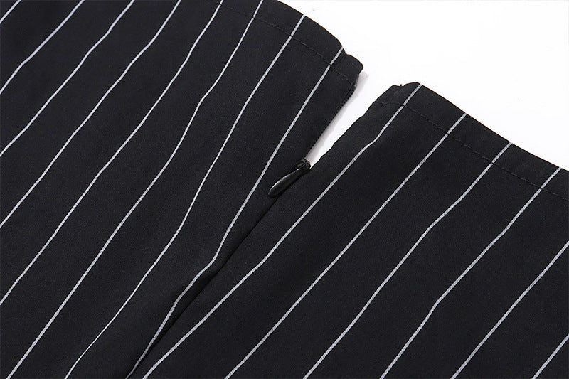 French Style Square Collar Bow Lace-up Elegant Striped Long Sleeve Dress Women