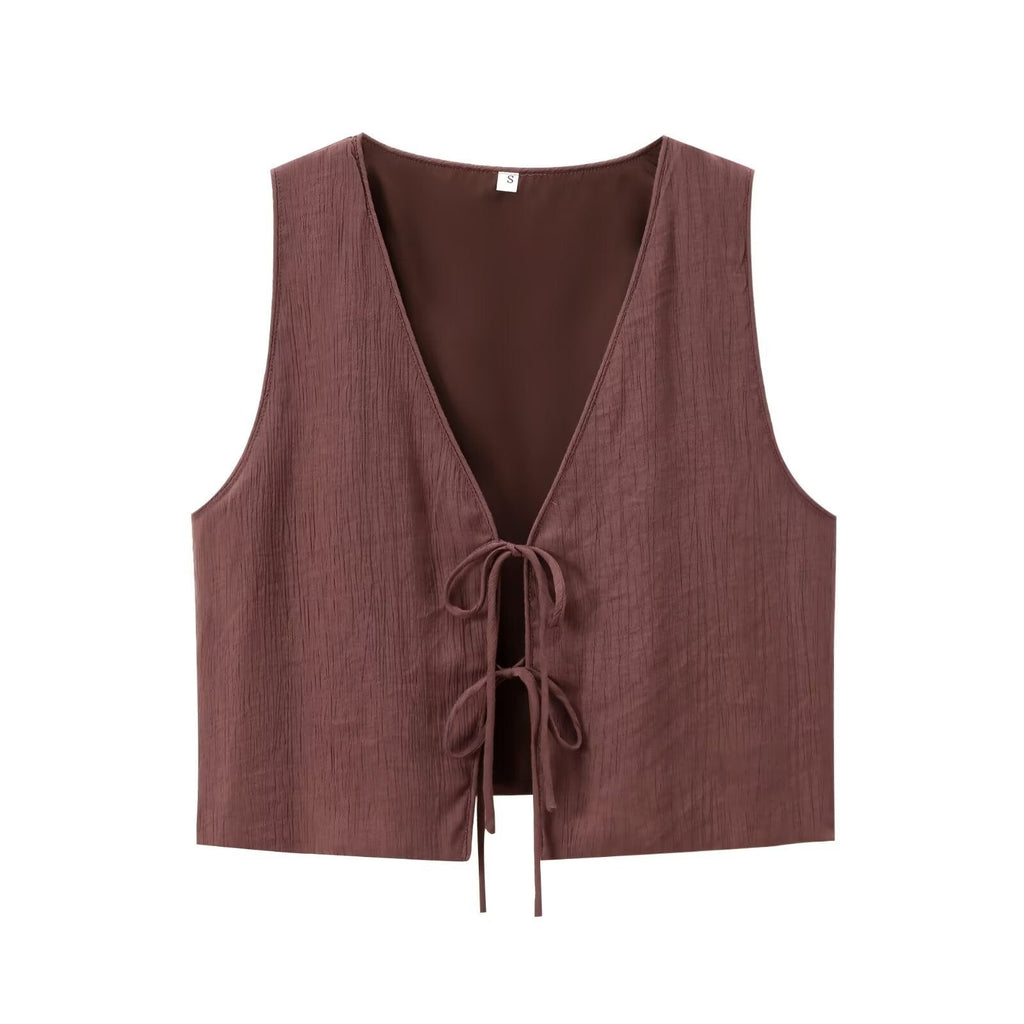 Women's Bow Texture Vest Blouse And Pants