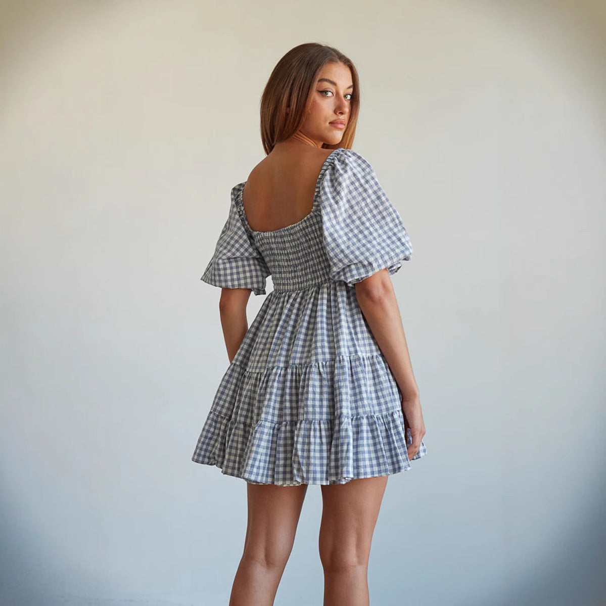 Square Collar Short Sleeve Plaid High Waist Dress