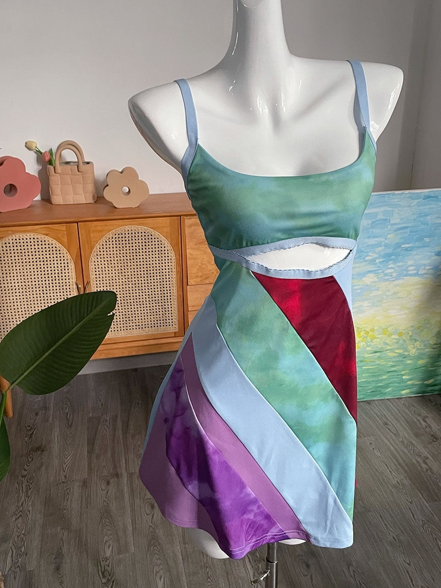 Sexy Y2K Aesthetic Patchwork Front Cut Out Stripe Spaghetti Strap Dress