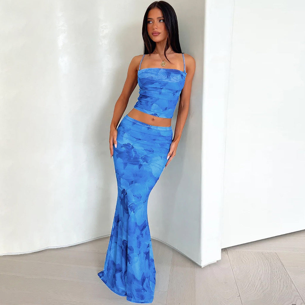 Spaghetti Straps Midriff-baring Vest Sheath Skirt Two-piece Set