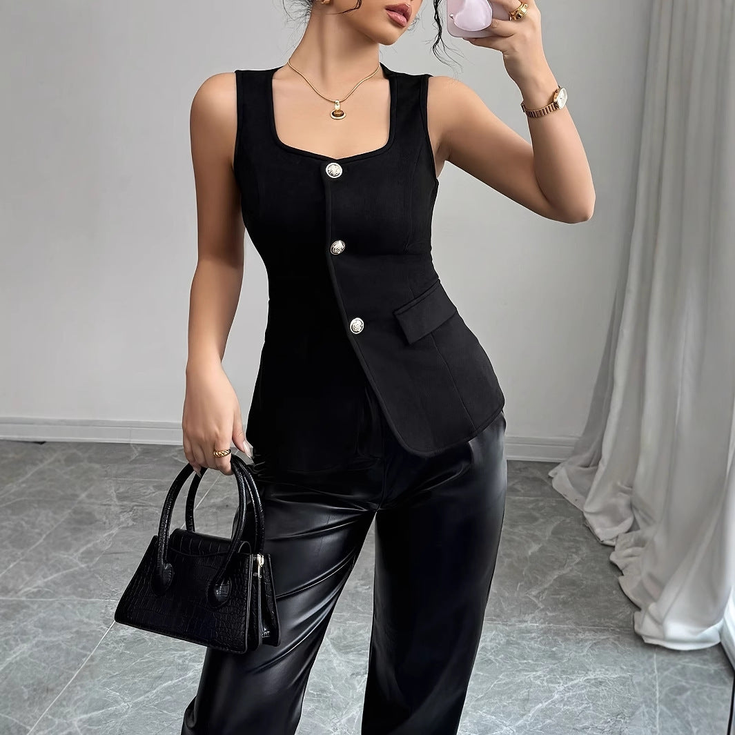 Fashionable Summer Solid Color Button Fake Pocket Square Neck Women's Slim Fit Vest