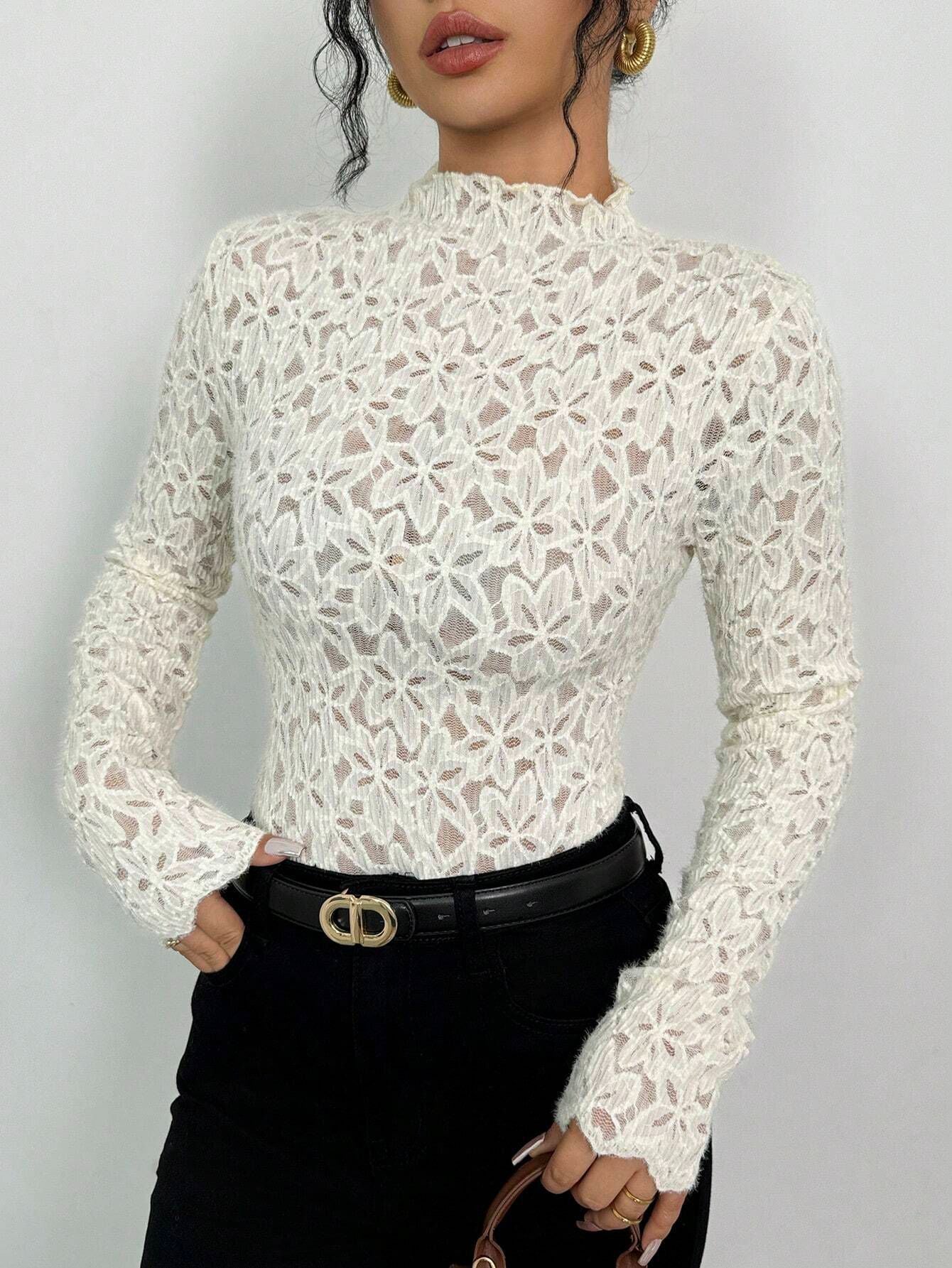 Ladies Wooden Ear Half Turtleneck Lace Slim T-shirt