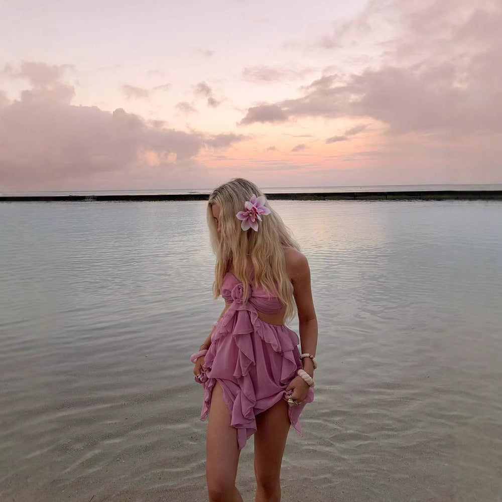 Corsage Lace 3D Fashion Pleated Strapless Dress