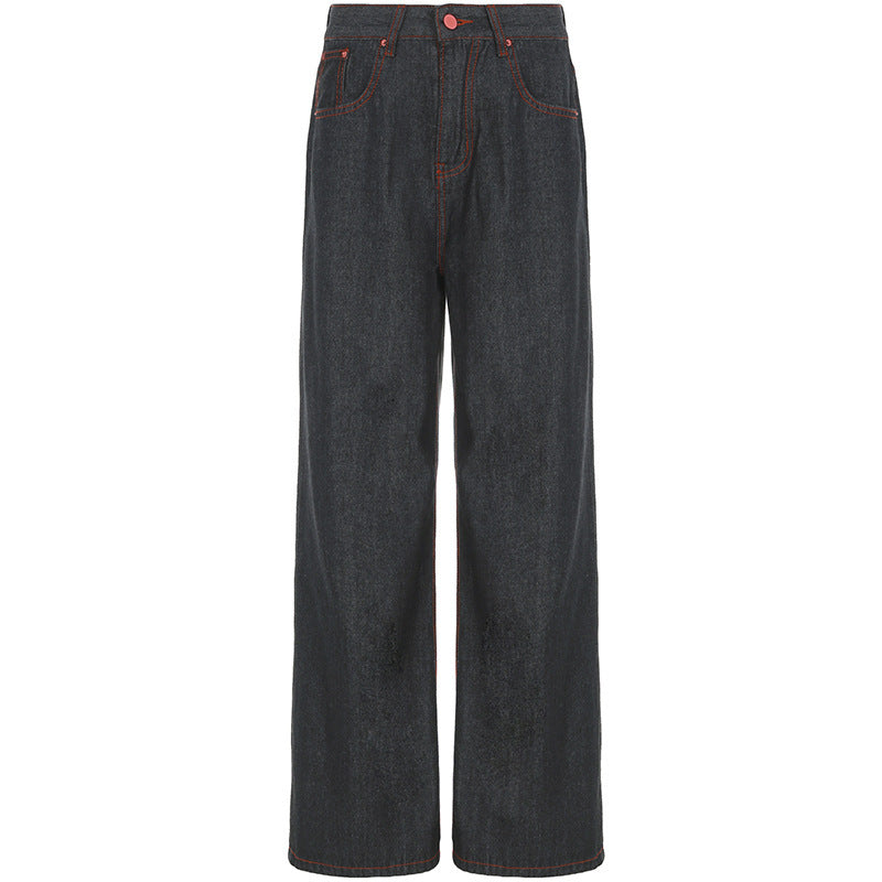 Women's Retro Contrast Embroidered Original Wide-leg Jeans