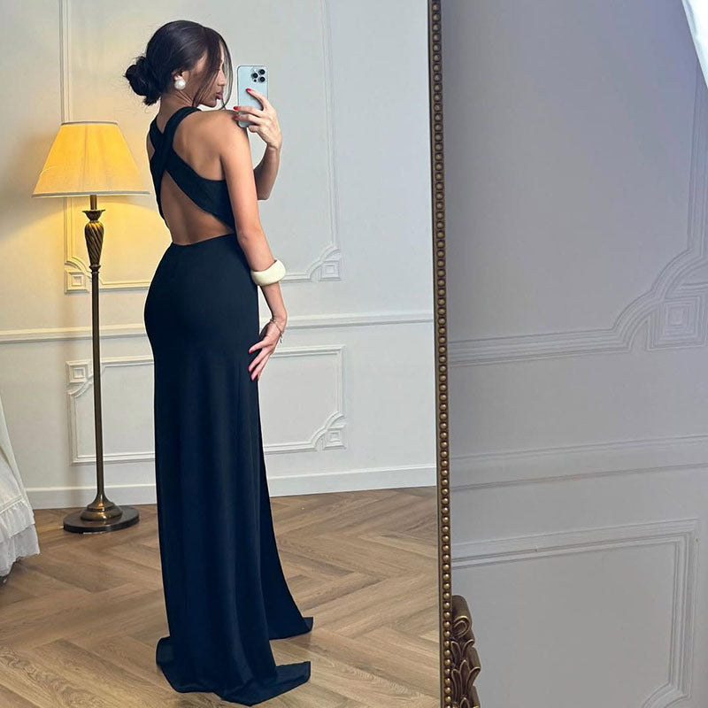 Solid Color Sexy Backless Halter Hollow Design Split Dress