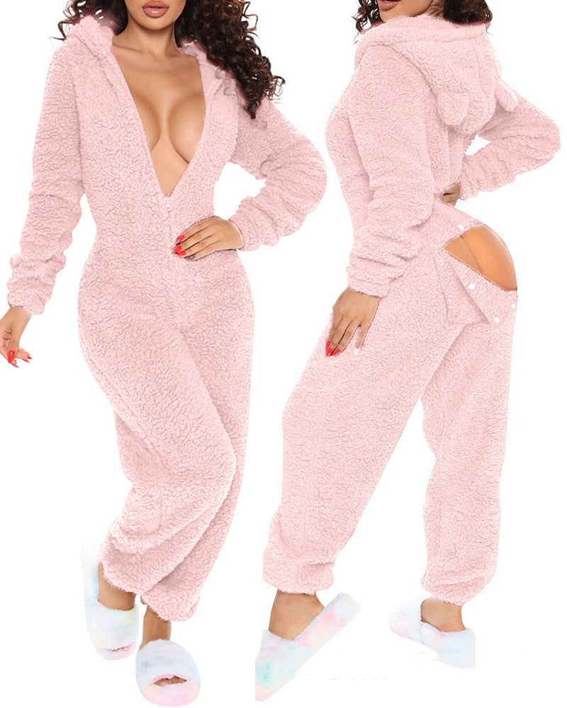 Long Sleeve Hooded Trousers Plush Homewear Pajamas Jumpsuit
