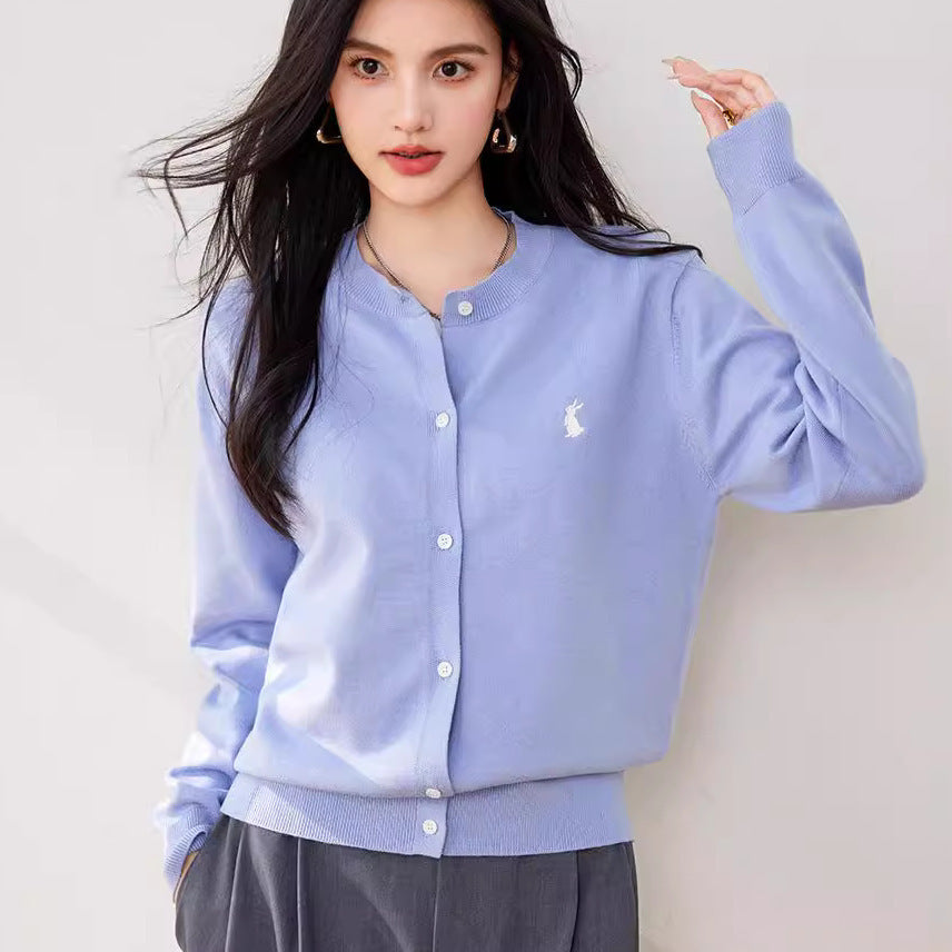 Simple Wool Cardigan Women's Sweater Coat Embroidered Rabbit Solid Color