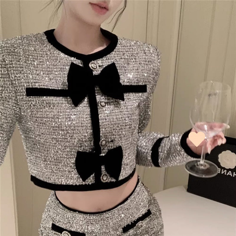 Classic Style Bow Round Neck Long Sleeve Coat Skirt Two-piece Suit