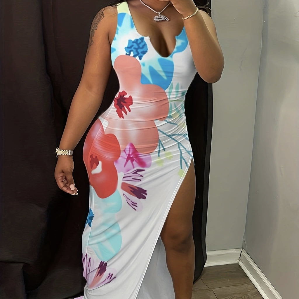 Ladies' V-neck Floral Print Thigh Slit Highlights Figure, Hip Hugging Long Dress