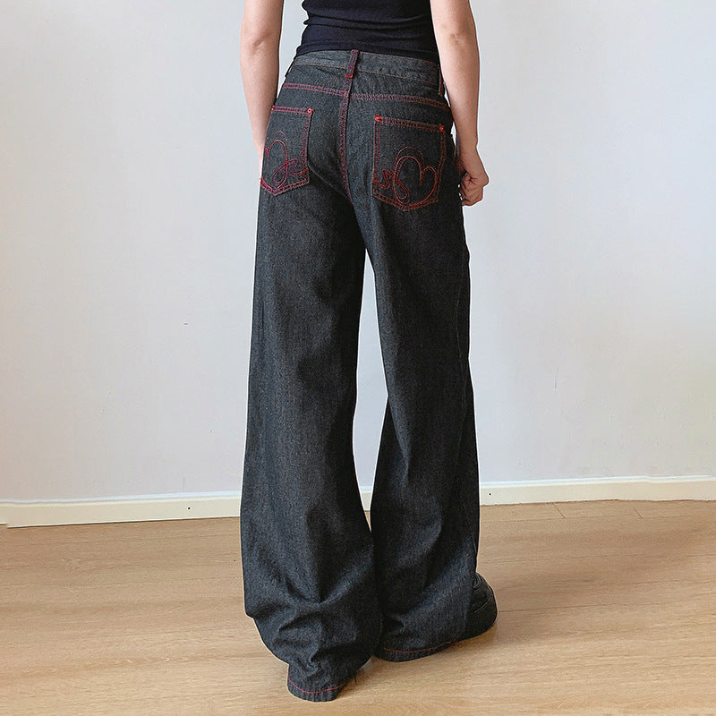 Women's Retro Contrast Embroidered Original Wide-leg Jeans