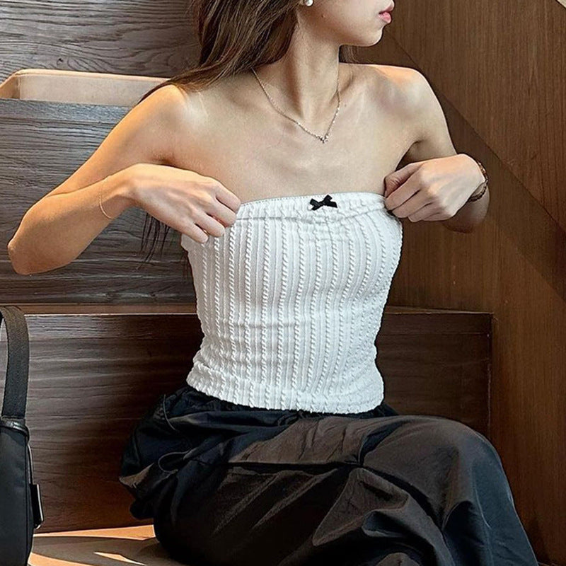 Woman Bow Stitching Pure Color Tube-top Top