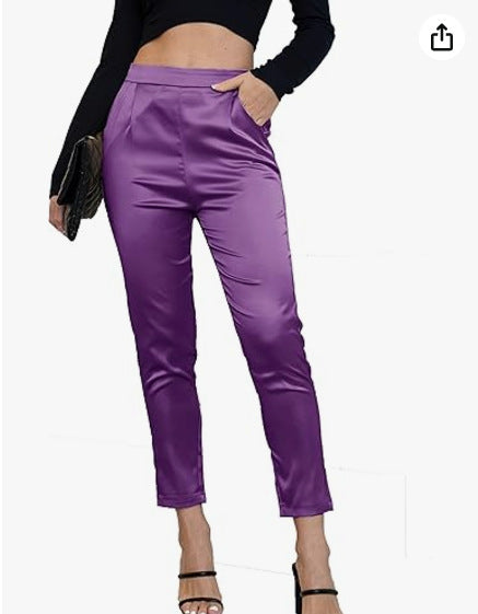 Women's Comfortable Pocket Straight High Waist Acetate Pants
