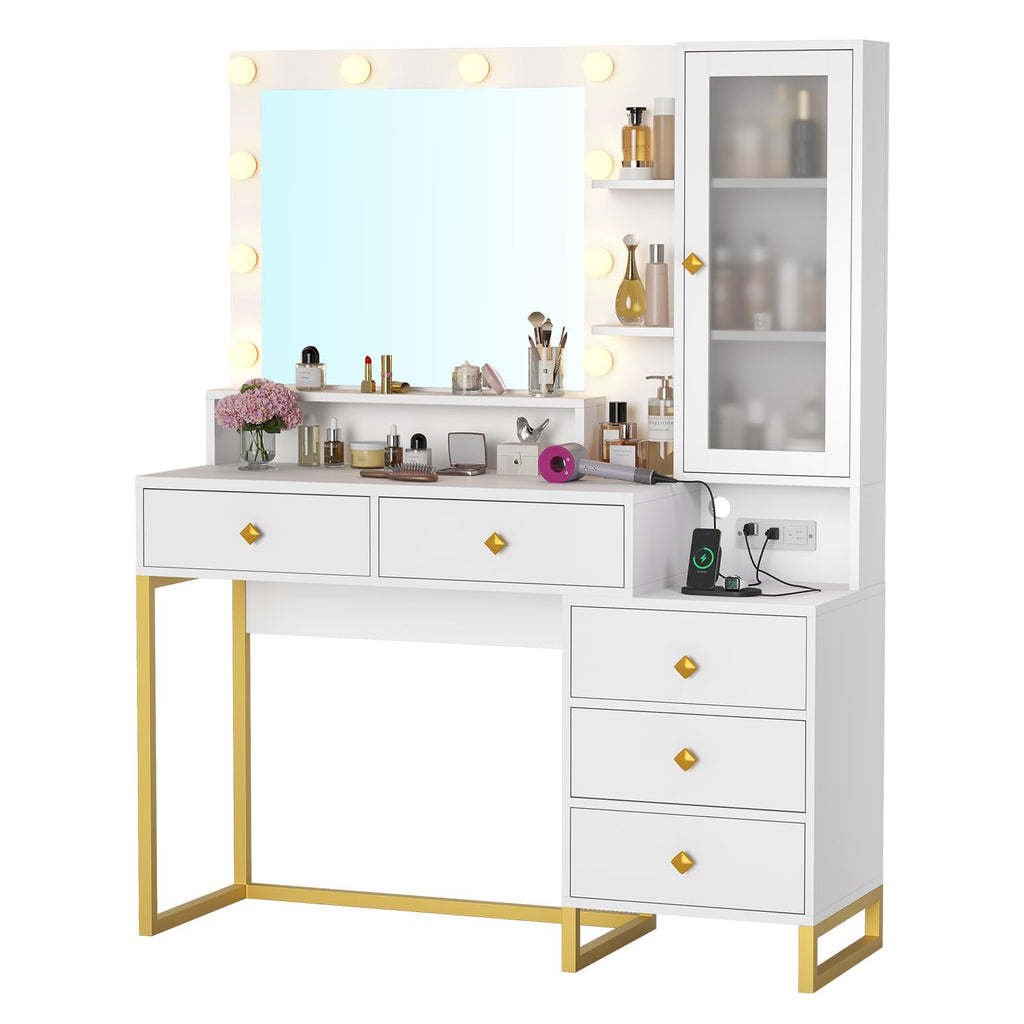 Vanity Desk with Mirror and Lights & Charging Station, White Vanity Table with 5 Storage Drawer & Glass Door & 3 Shelves
