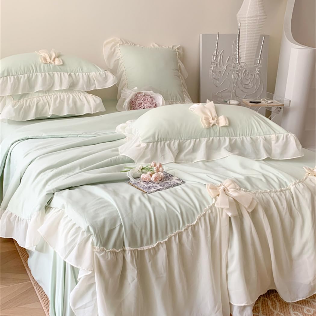 Ruffle Duvet Cover Bedding Set with Bowtie, 2 Pieces Comforter Cover Set with Zipper Closure with Pillowcase