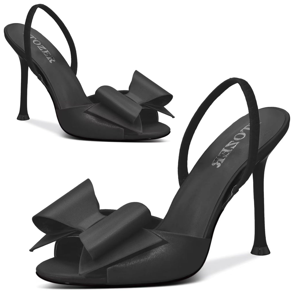 Satin High Heels Slingback Open Toe Mules Sandals Bow Stiletto Sexy Heels Comfortable Party Shoes
