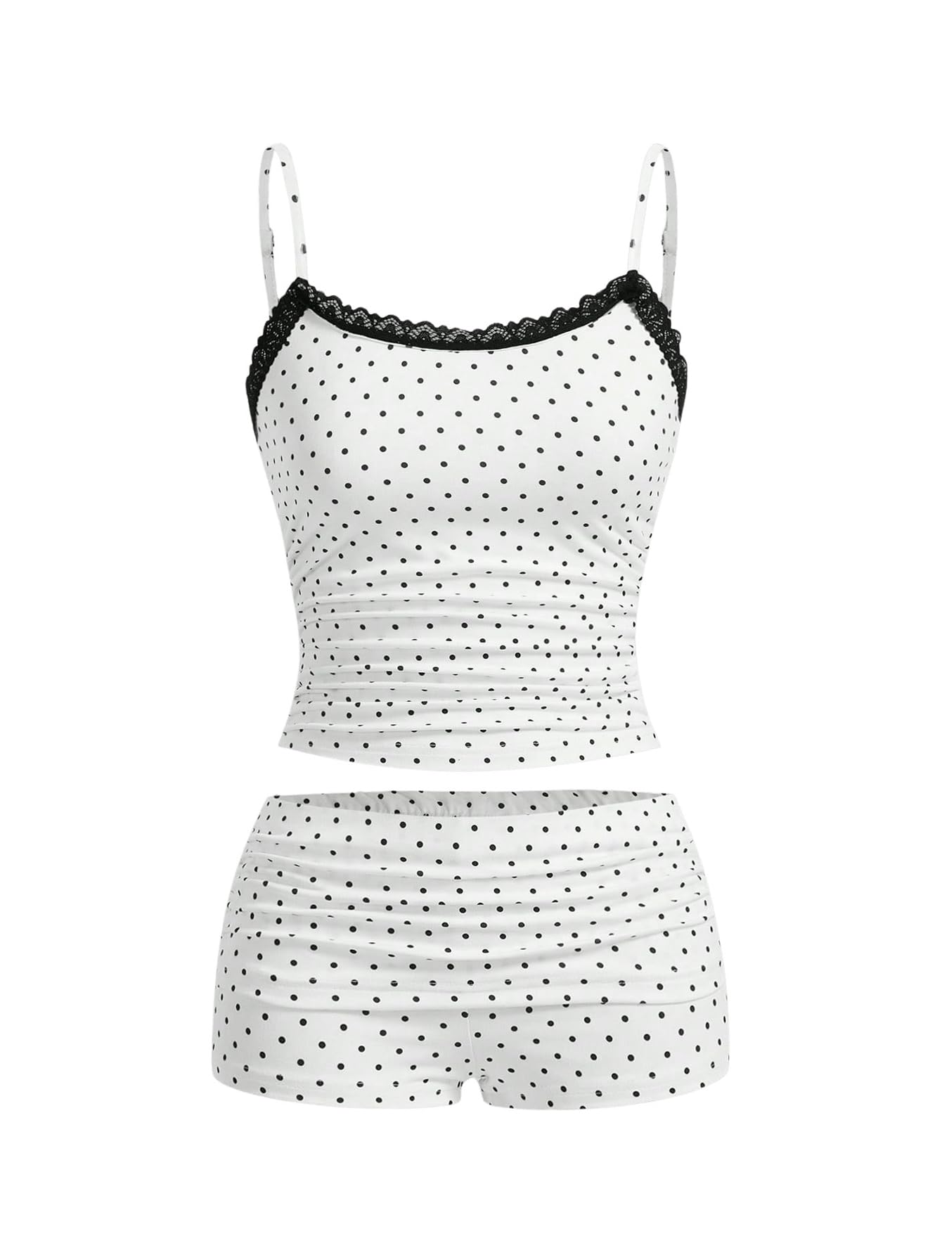 Women's 2 Piece Cute Pajama Set Cartoon Print Ruched Cami Crop Tops and Shorts Lounge Sets