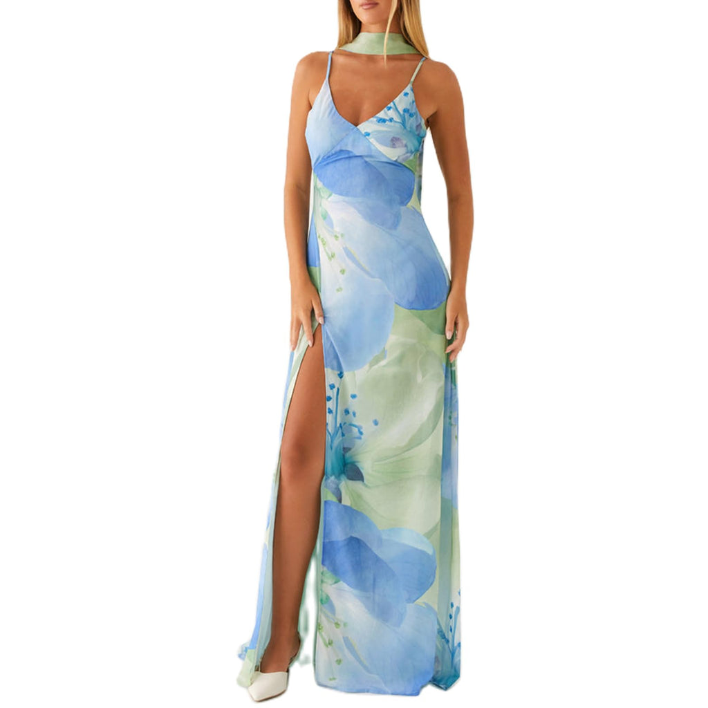 Women Floral Slip Dress Spaghetti Strap Maxi Dress Backless Slim Fit Long Dresses Flowers Print Going Out Dress