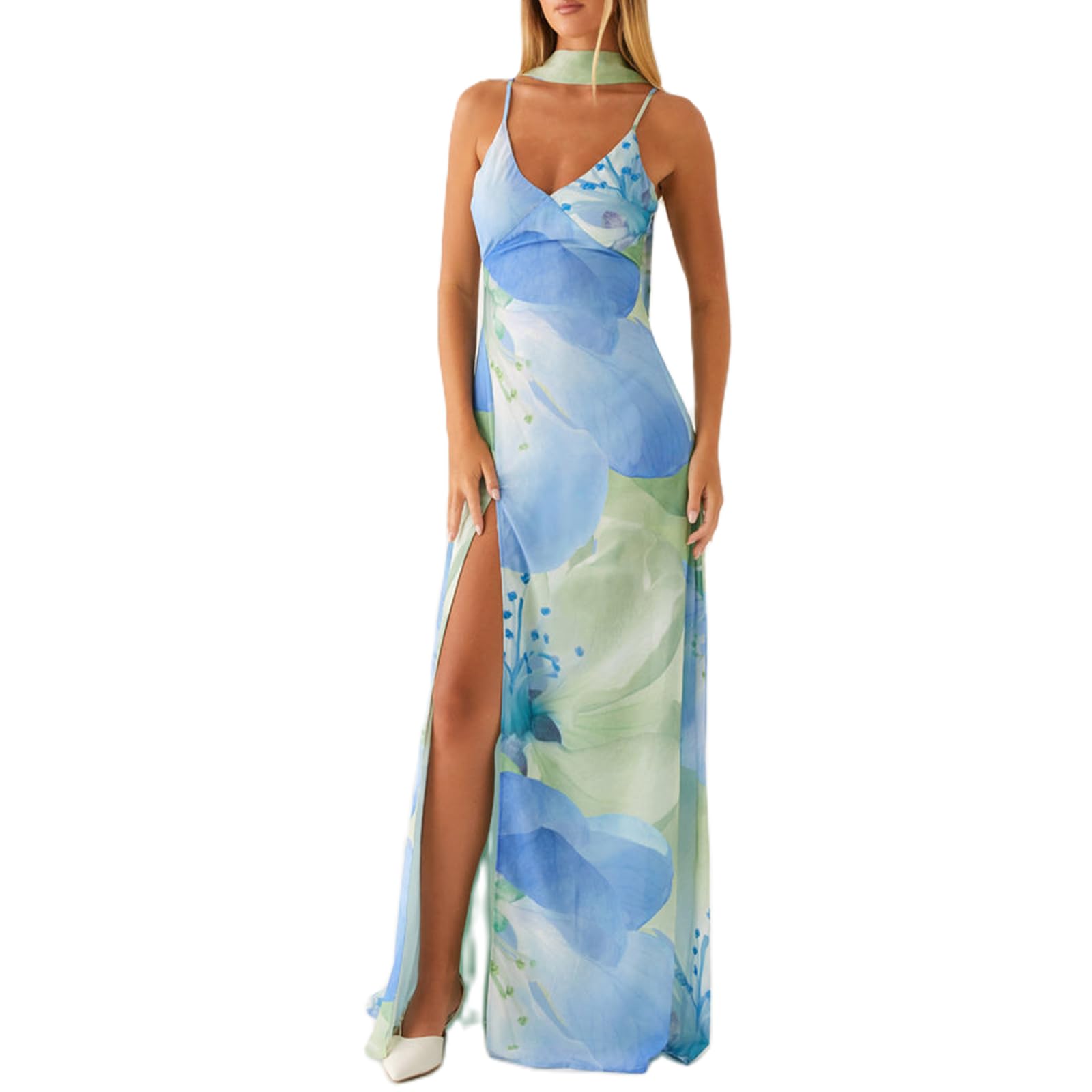 Women Floral Slip Dress Spaghetti Strap Maxi Dress Backless Slim Fit Long Dresses Flowers Print Going Out Dress