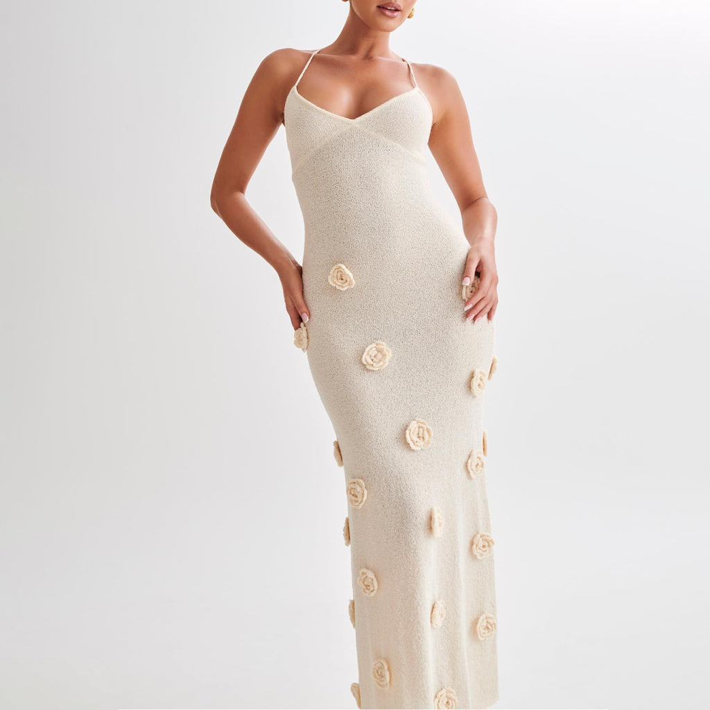 Women Knit Maxi Cami 3D Floral Bodycon Long Sexy Spaghetti Strap Tie Backless Dress