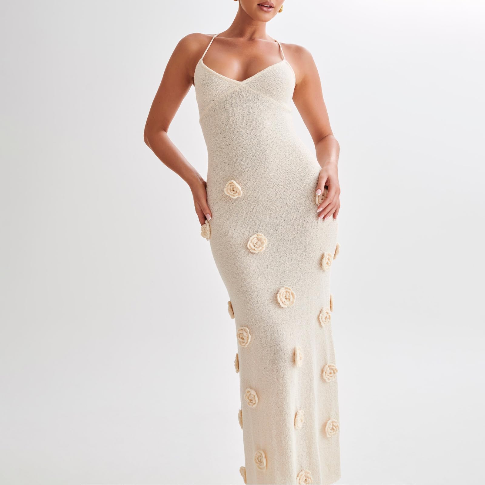 Women Knit Maxi Cami 3D Floral Bodycon Long Sexy Spaghetti Strap Tie Backless Dress