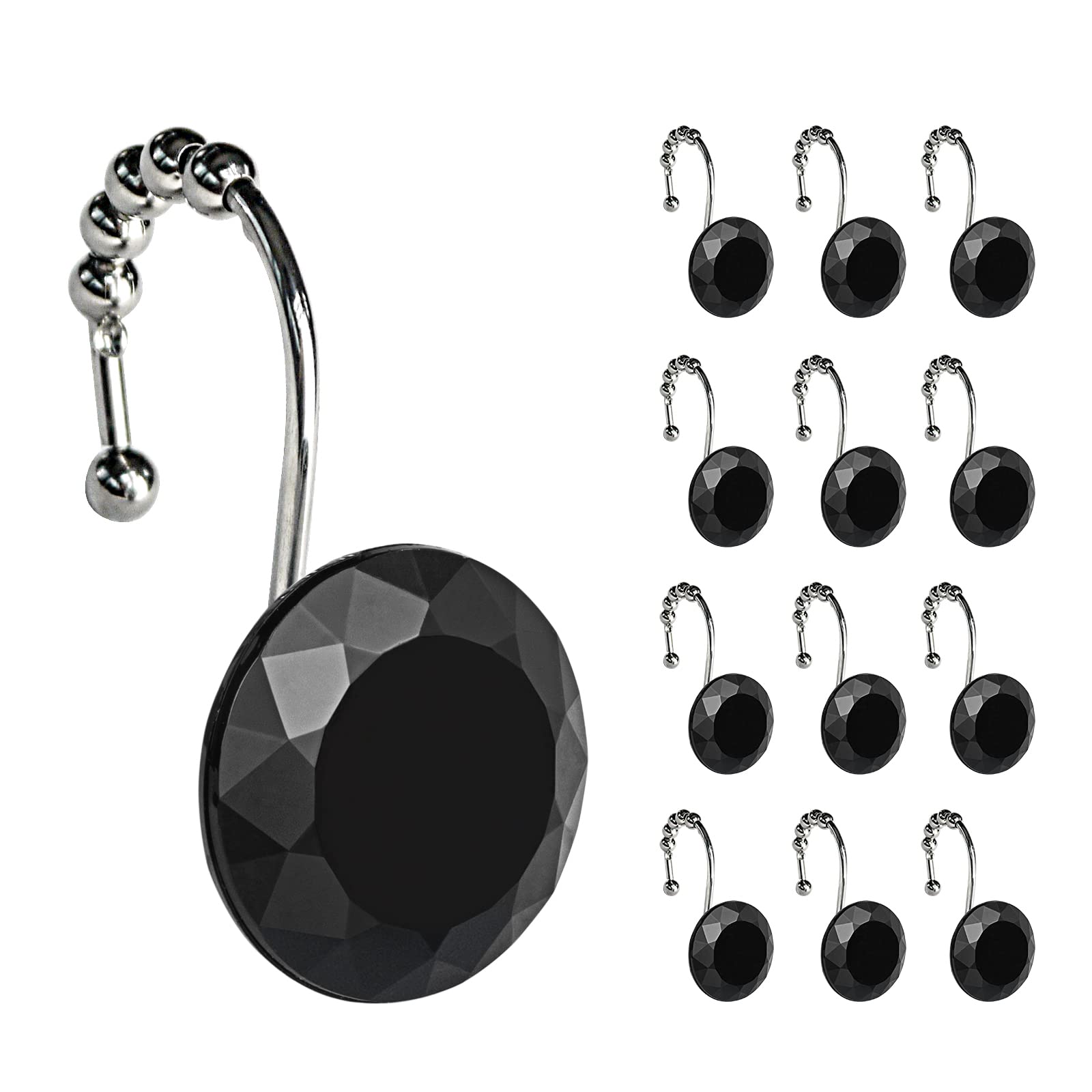 Luxury Design Round Diamond Crystal Gem Bling with Glide Balls Shower Curtain Hooks, Rust Proof Metal Rhinestones Glam Shower Curtain Rings-12 Pack