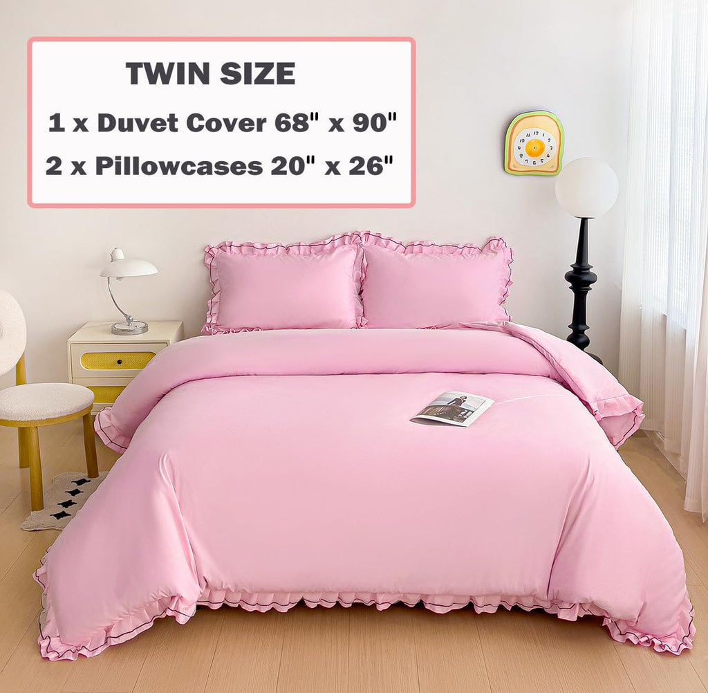 Chic Lace Bedding Set with Double Ruffle - 3 Pieces Luxury Princess Style Comforter Cover Soft Breathable