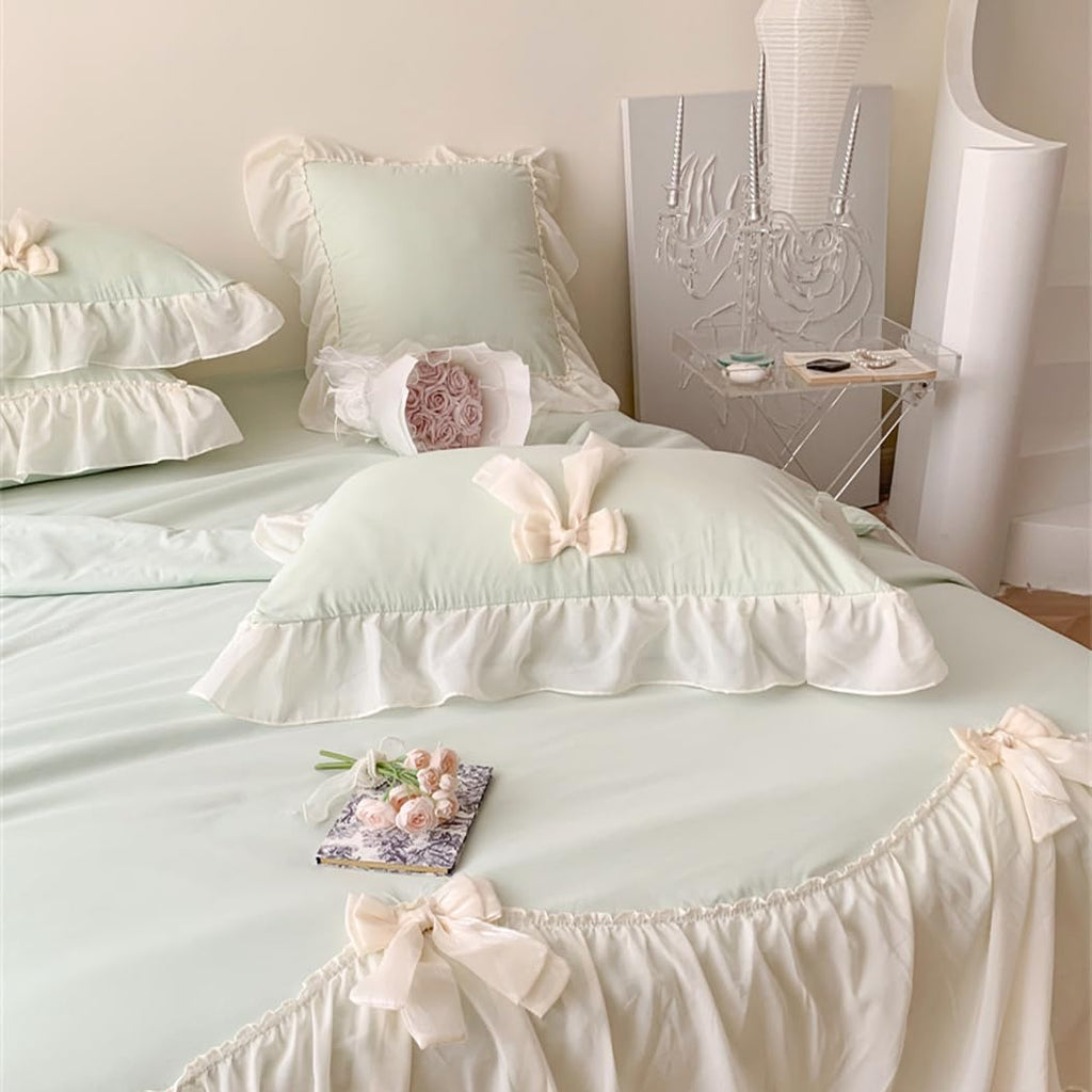 Ruffle Duvet Cover Bedding Set with Bowtie, 2 Pieces Comforter Cover Set with Zipper Closure with Pillowcase