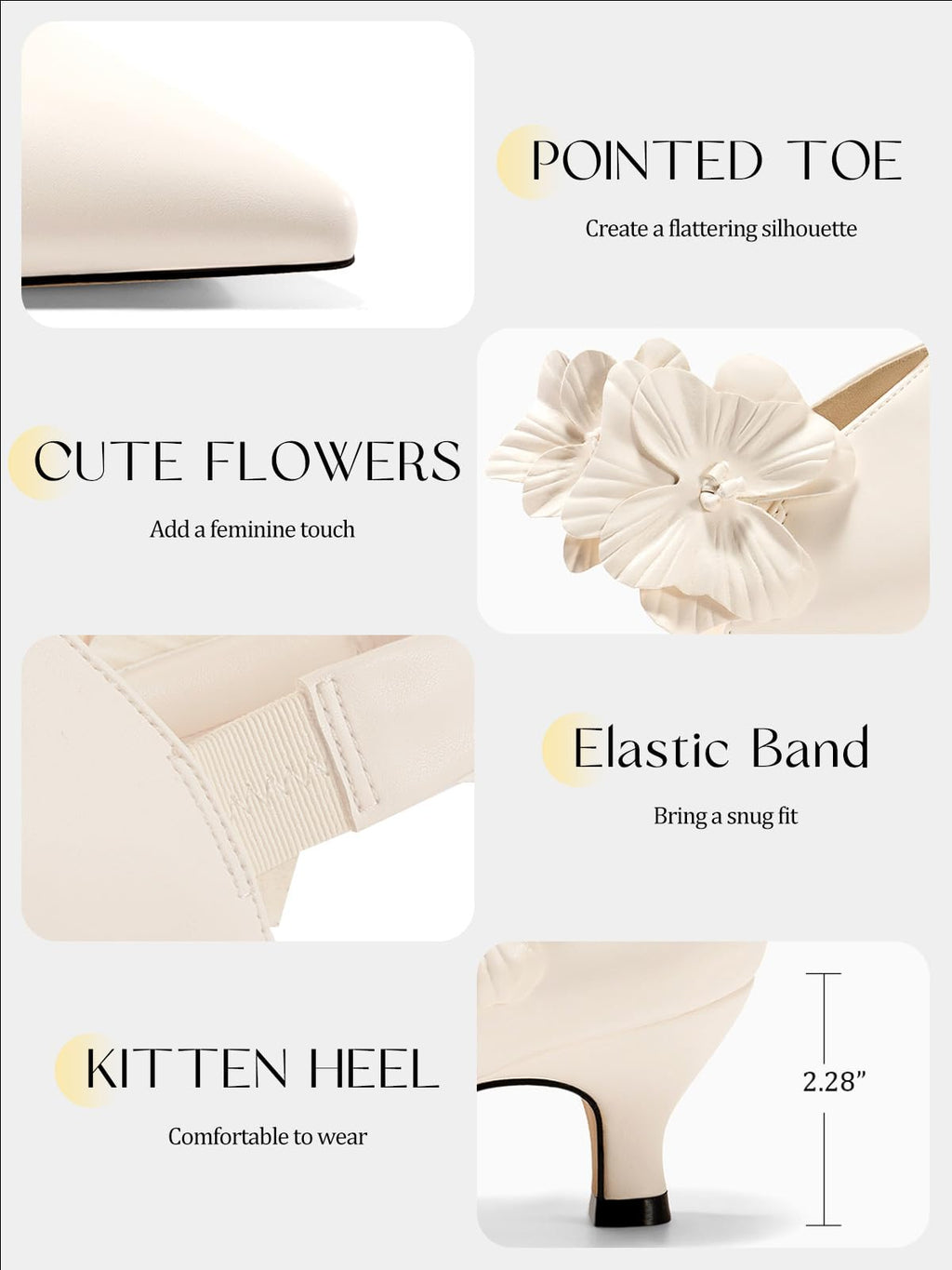 Women's Low Kitten Heels Dressy Shoes Comfortable Closed Toe Flower Slip on