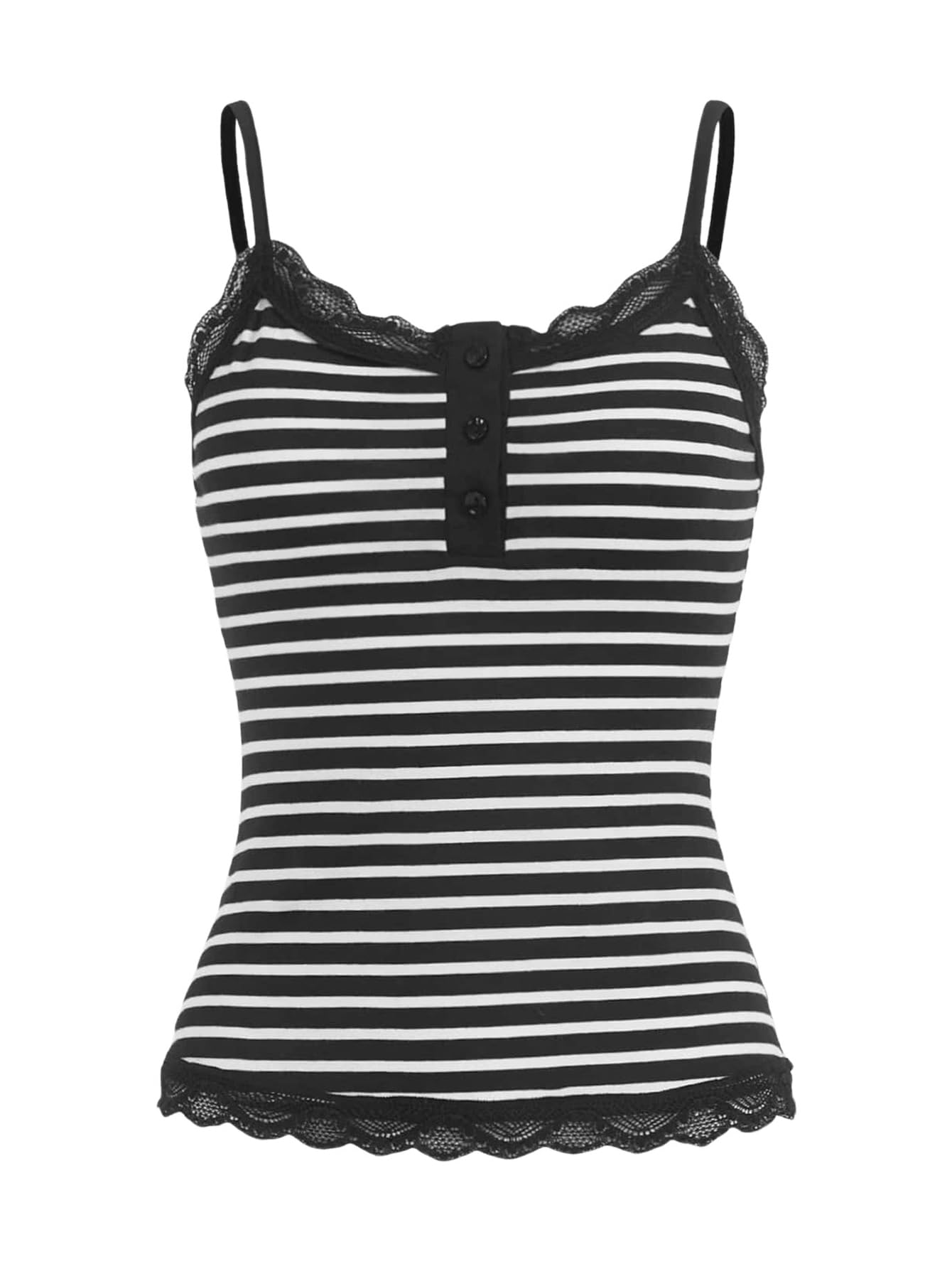 Striped Lace Trim Cami Crop Top Button Front Spaghetti Strap Y2k Tops