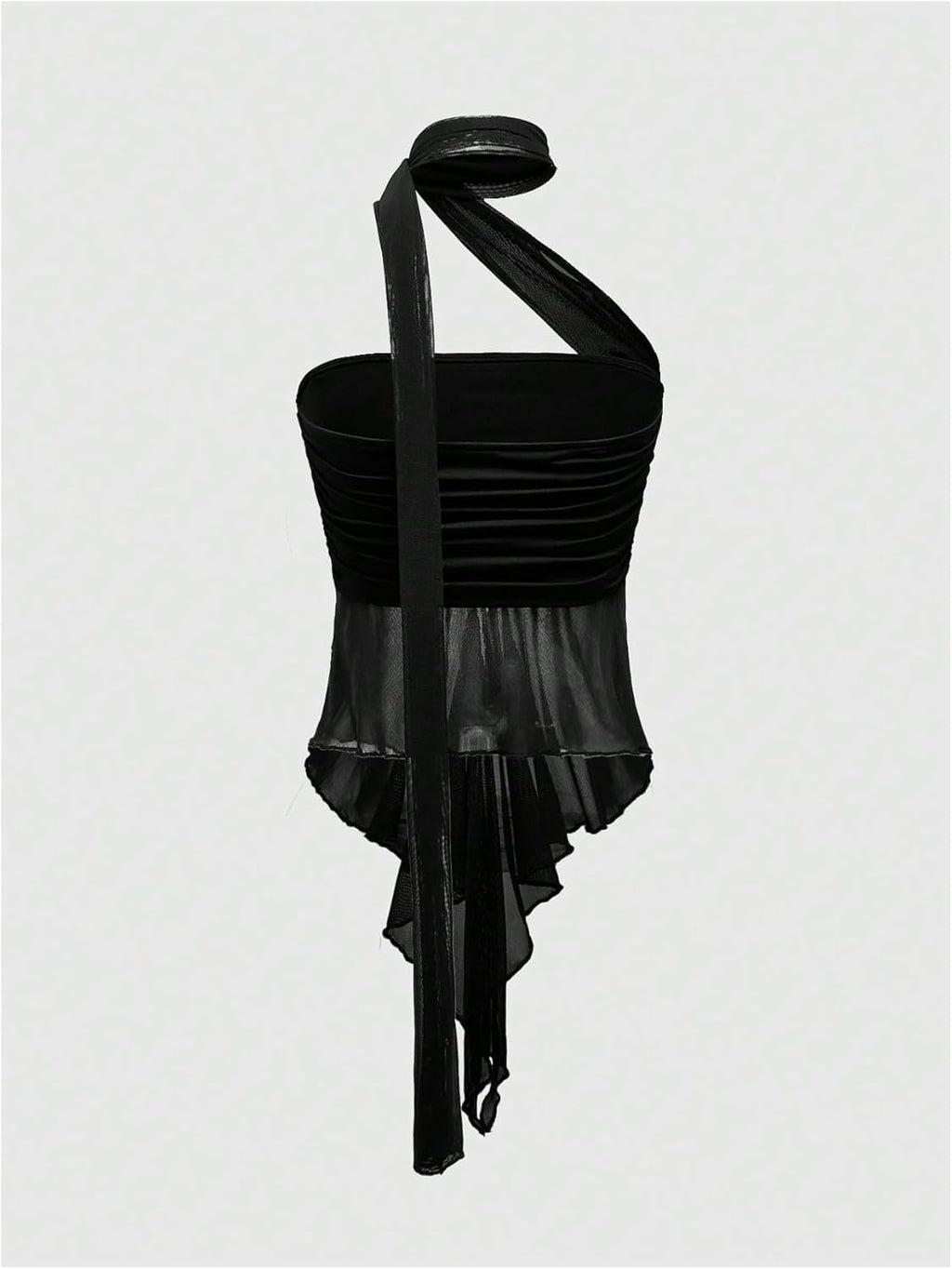 Women's Sheer Ruffle Trim Halter Tops Asymmetrical Hem Ruched Sleeveless Fitted Crop Tops Y2K Party Top