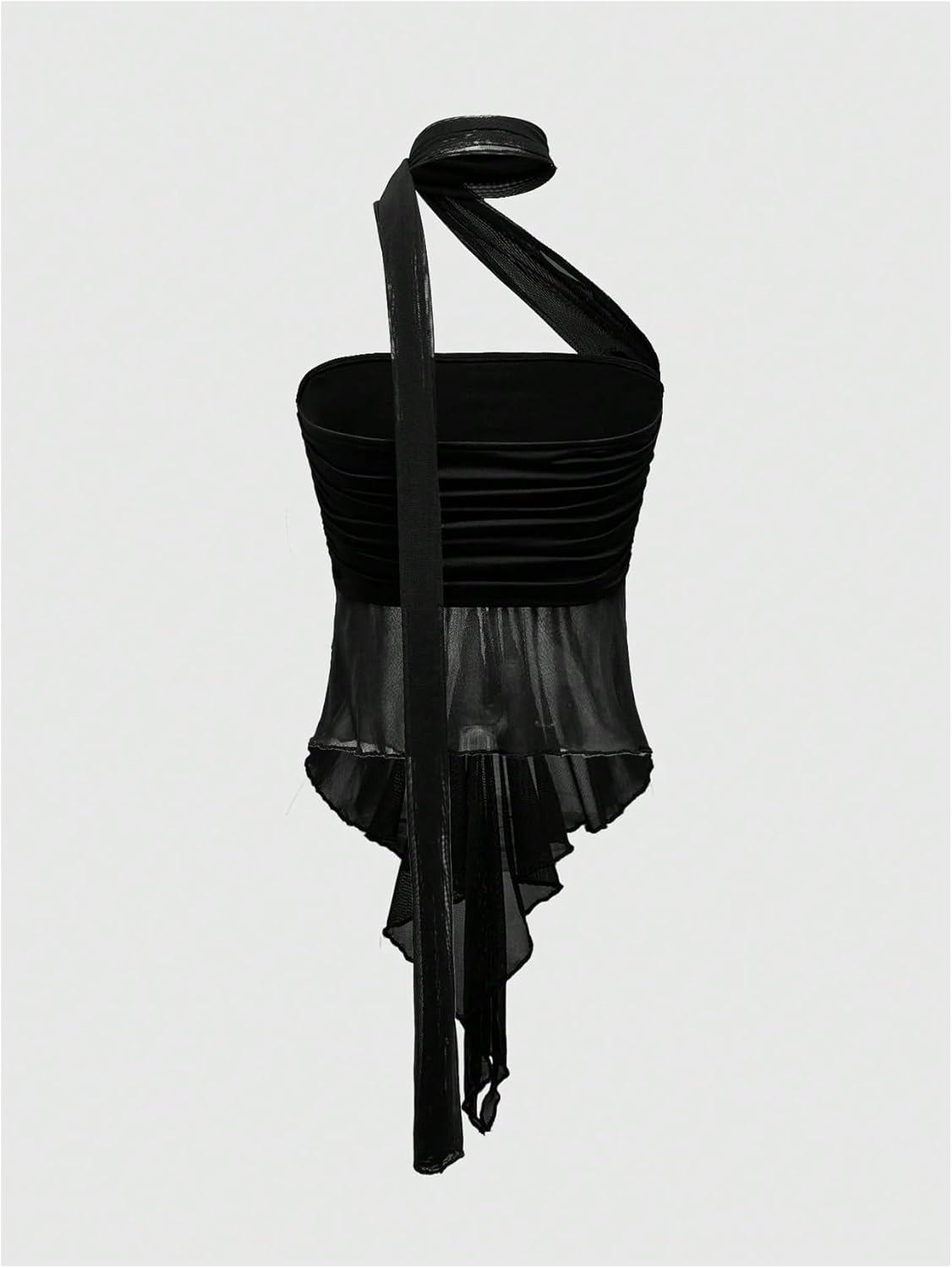 Women's Sheer Ruffle Trim Halter Tops Asymmetrical Hem Ruched Sleeveless Fitted Crop Tops Y2K Party Top