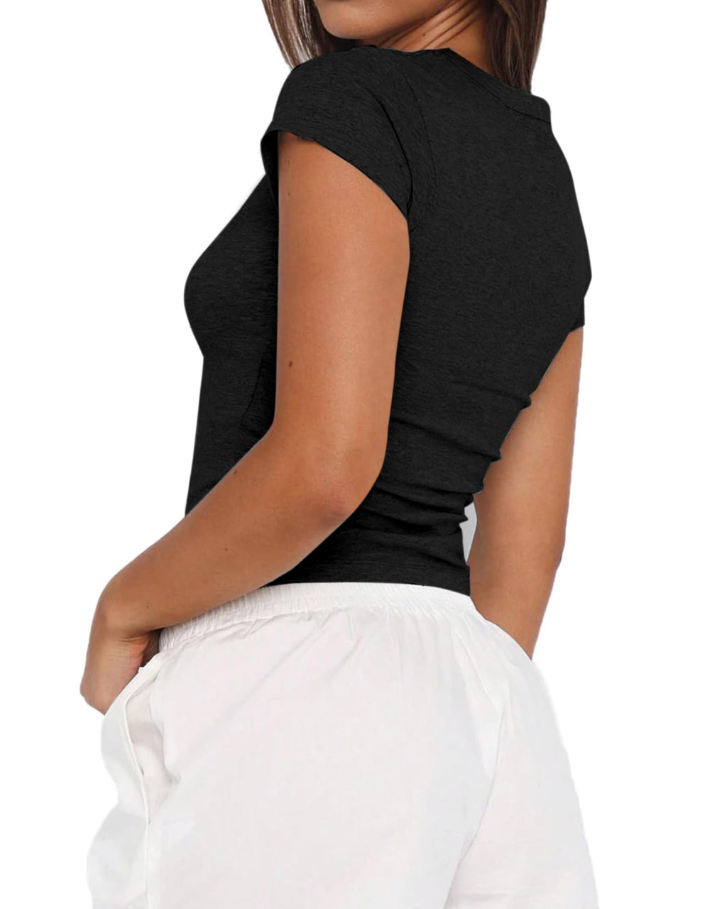 Women Basic Short Sleeve Crop Top Ruched Fitted Baby Tee Shirts