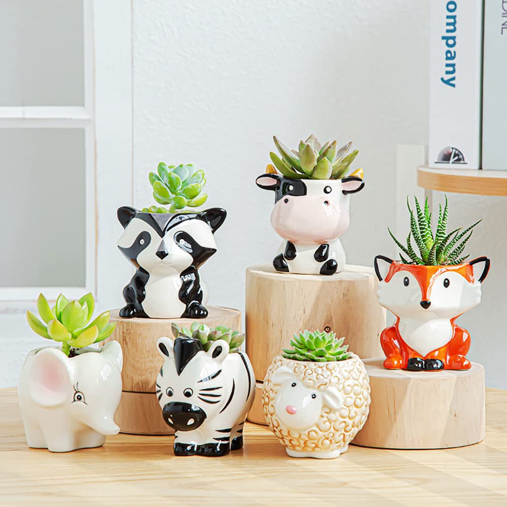 Cute Animal Ceramics Planter Small Succulent Pot Cartoon Shaped Plant Pot for Mini Plants Flower Cactus, Smooth Shiny Ceramic - Plants Not Included
