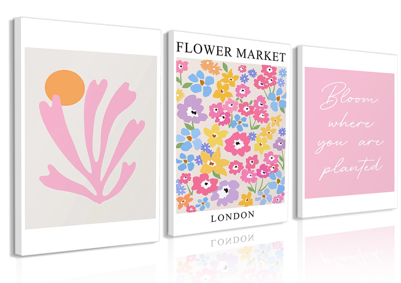 Pink Wall Art Set of 3 - Pink Flowers Wall Decor Vintage Canvas Print Picture Retro Abstract Exhibition Print 12×16 Inch Framed