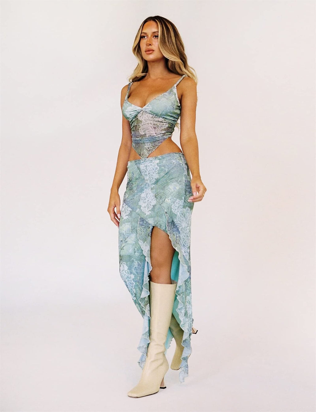 Women Sexy Y2K Maxi Skirt Set Strapless Bodycon Lace Tube Top See Through 2 Piece Outfits Summer Party Wear Dress