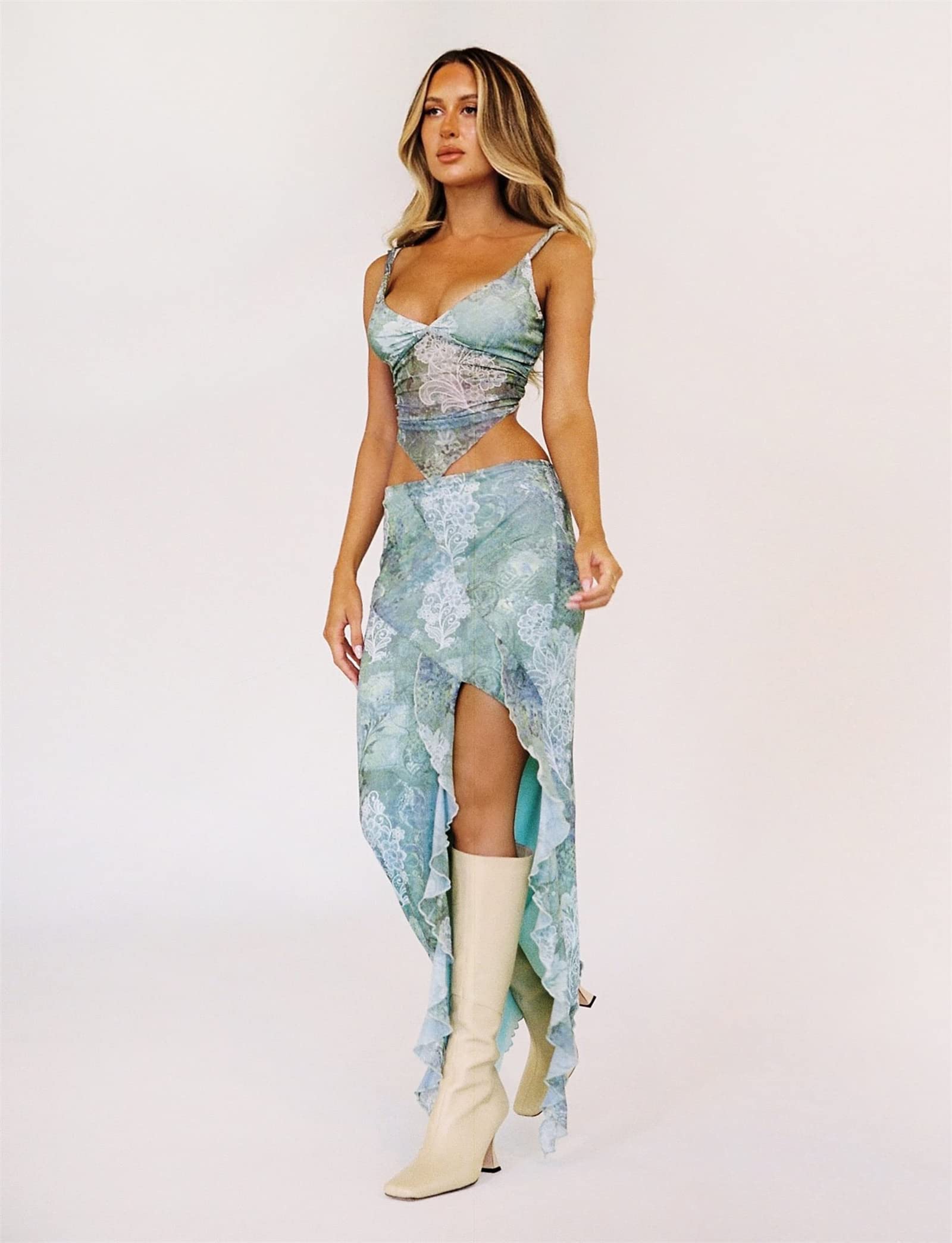 Women Sexy Y2K Maxi Skirt Set Strapless Bodycon Lace Tube Top See Through 2 Piece Outfits Summer Party Wear Dress