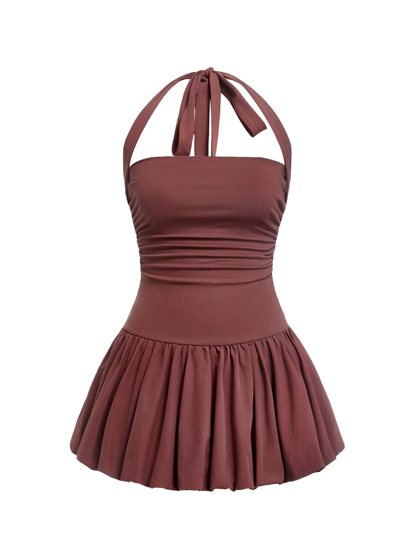 Women's Bubble Mini Dress Halter Backless Ruched Y2K Short Sundress with Built-in Shorts