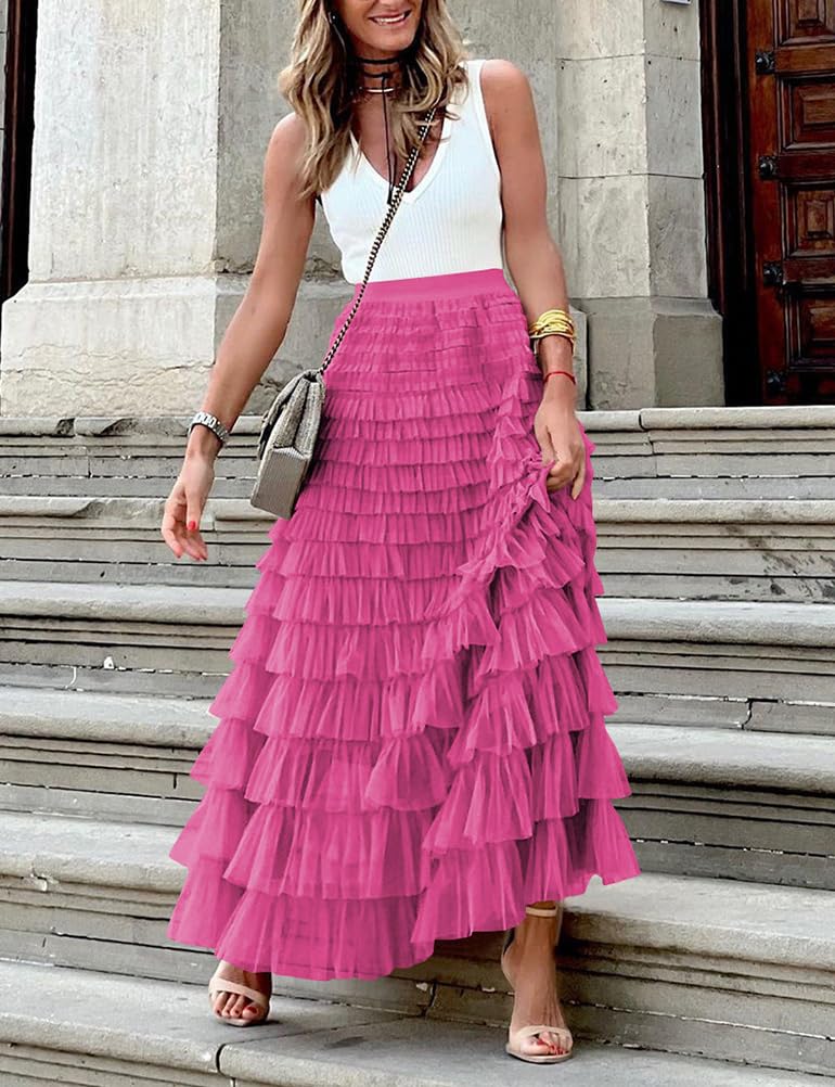 Long Tulle Skirt for Women Trendy High Waisted A Line Fluffy Fairy Mesh Layered Ruffle Skirt