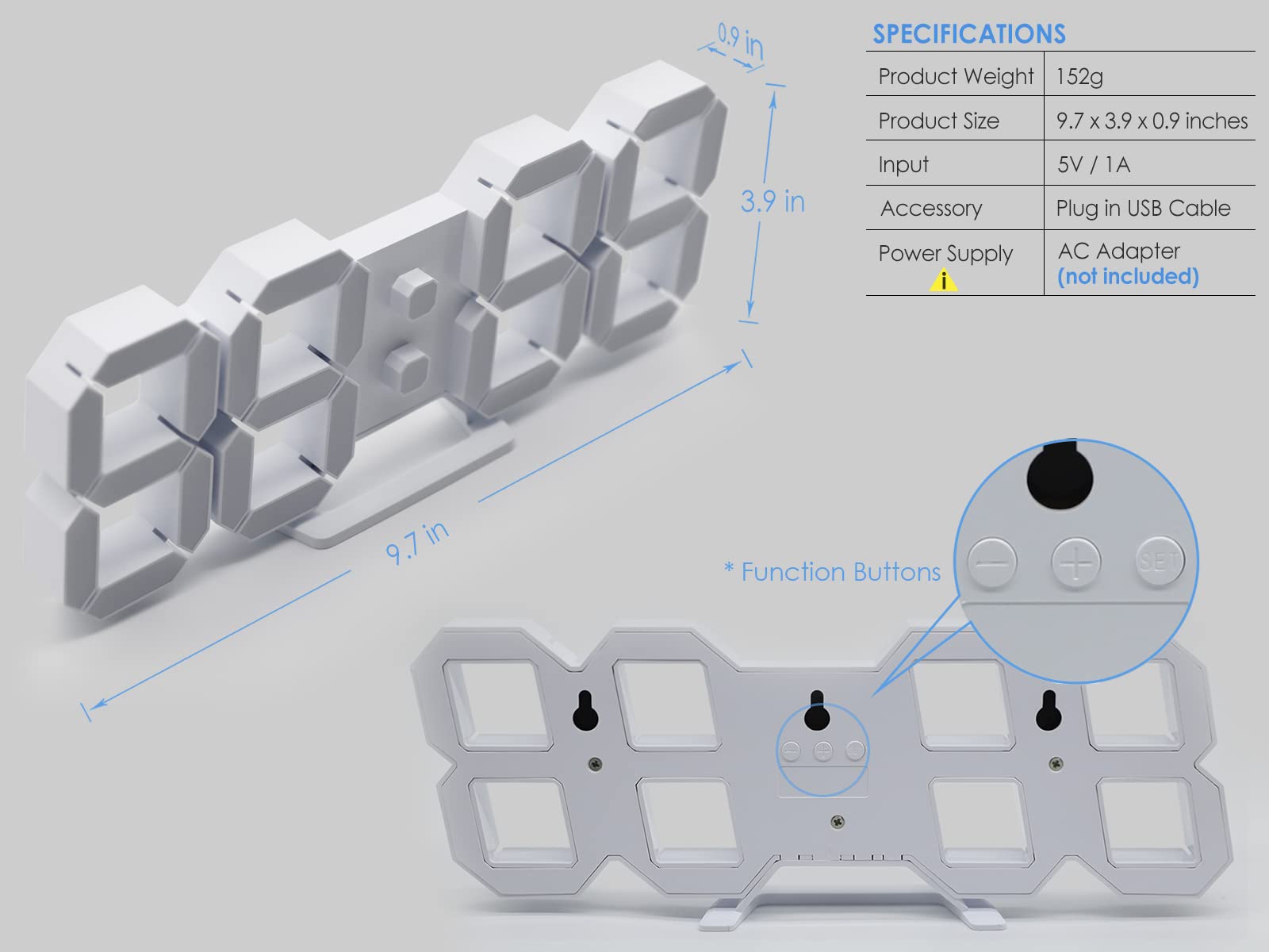LED 3D Wall Clock 9.7" Clock with Remote/Dimming/12/24H/Temp/Alarm Clock/Date