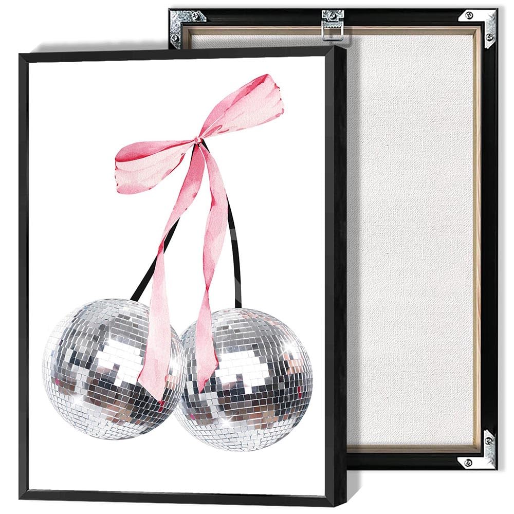 Trendy Pink Bow Disco Ball Posters White Cherry Canvas Wall Art Funky Coquette Bow Ribbon Preppy Aesthetic Prints Painting