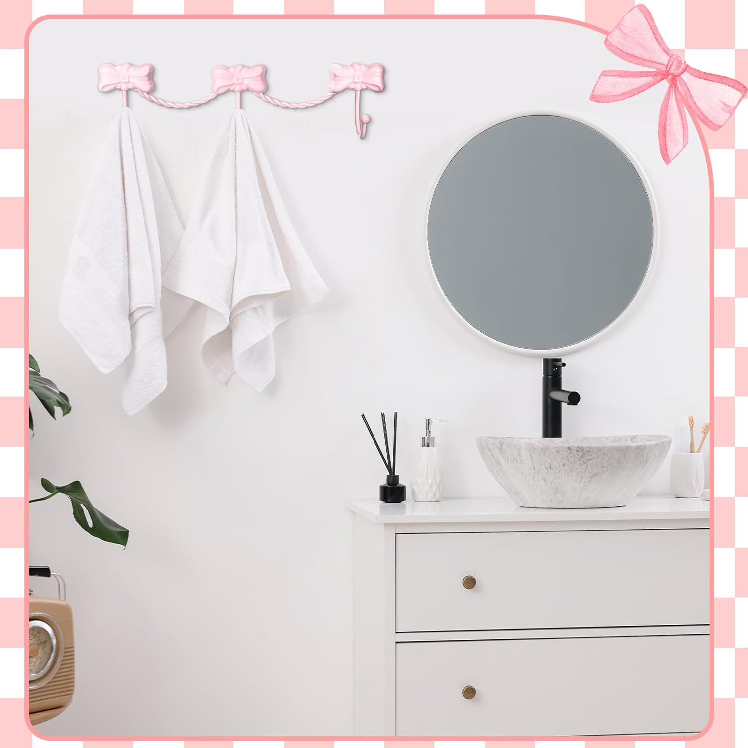 Pink Bow Wall Hooks Hanger for Towel Bag Coat Coquette Pink Bow Wall Decorative with Three Hooks Iron for Living Room Bathroom Bedroom Shower